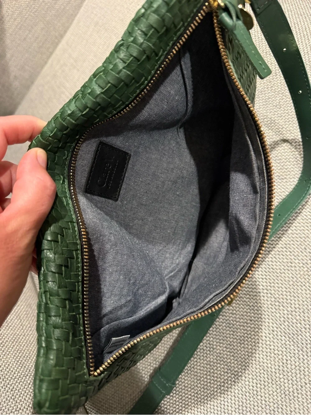 Woven Green Leather Crossbody Bag with Front Zip - Women